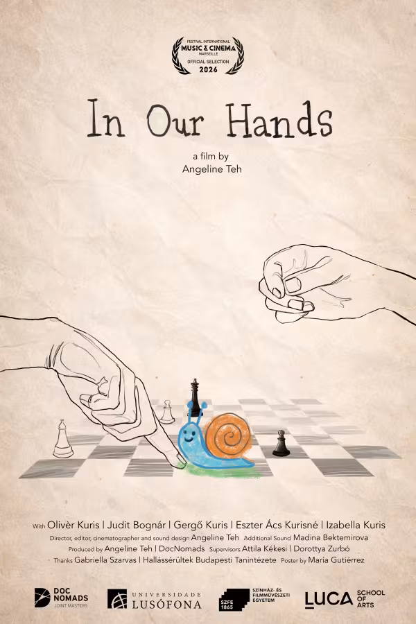 Drawing film poster of two hands playing chess with a blue snail.
