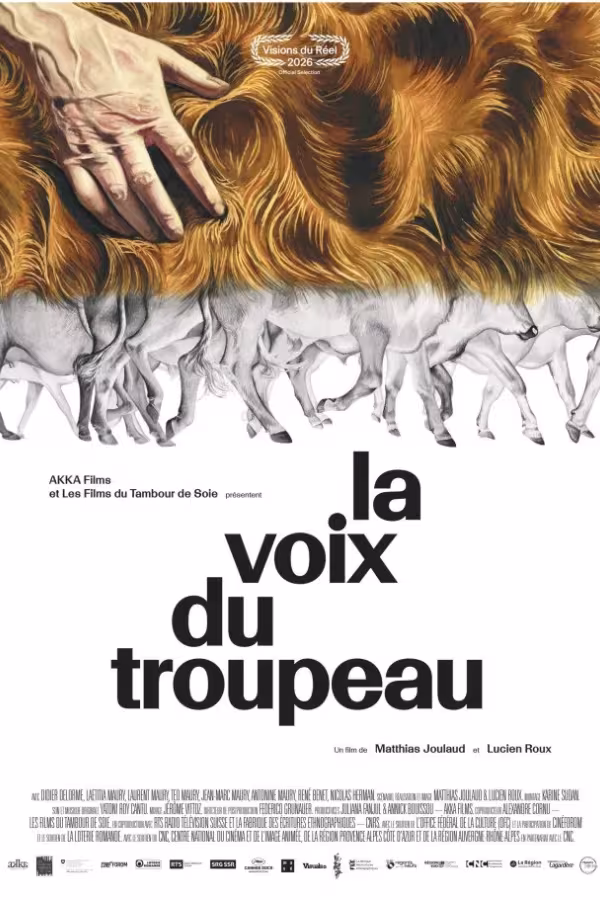 Filmplakát felül vörösbarna tehénszőrt simogató kéz, alul tehenek lábai láthatók, alatta pedig a film francia cime. 